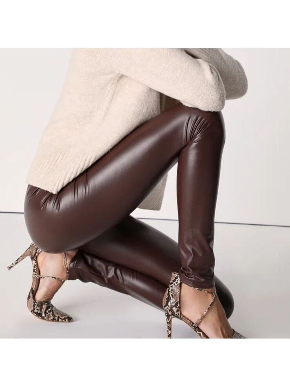 RW&CO mahogany brown faux leather pleather vegan high-rise leggings Sz S NWOT